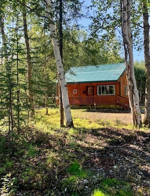 A cabin with a green roof, surrounded by trees and a grassy area.