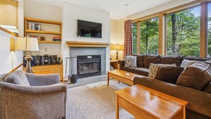 A cozy living room with a fireplace, a sofa, a coffee table, and a bookshelf. - Inviting Country Setting with access to sports center, pool, hot tub - Highridge D18 (Killington)