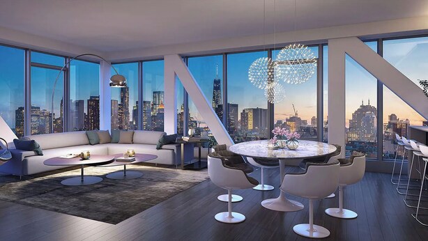 A modern living room with a city view, a round dining table, and a sofa. - Travive Brand New Four Bedroom Penthouse (New York)