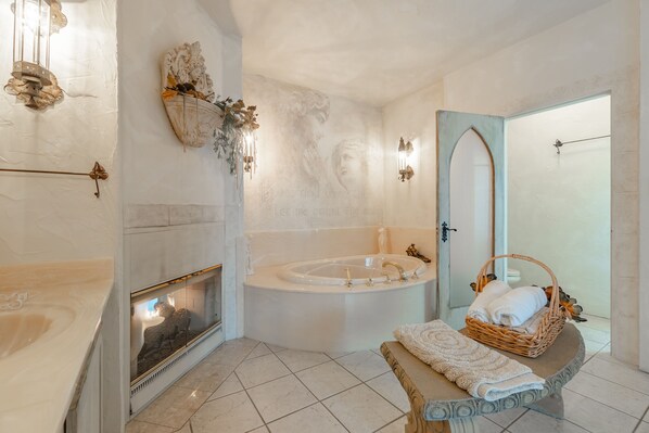 Romantic House | Bathroom | Separate tub and shower, deep soaking tub, hair dryer, towels