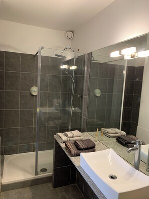 Shower, towels, soap, toilet paper