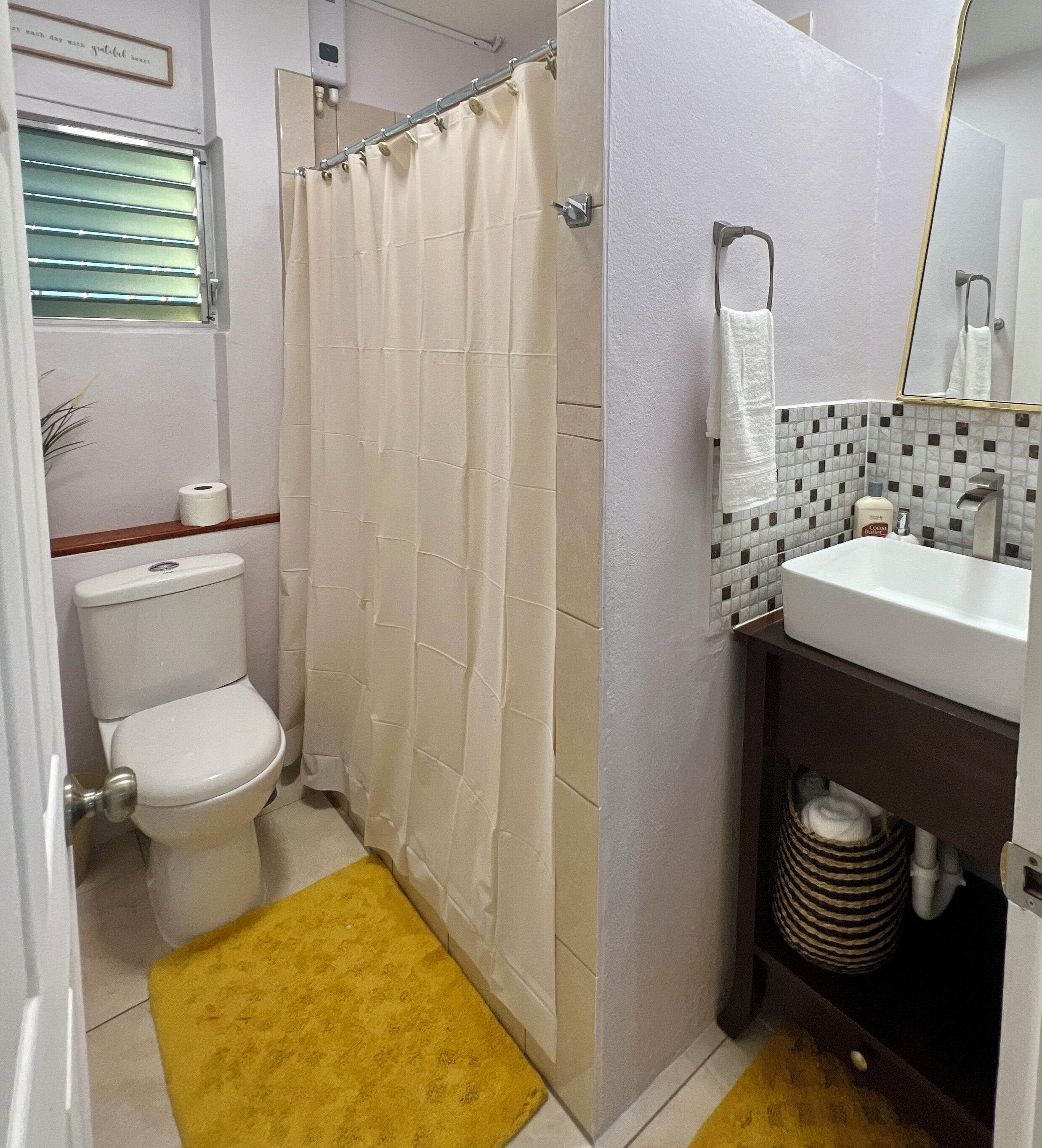 Shower, towels, soap, shampoo