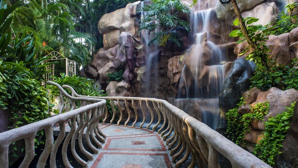 A stone pathway leading to a waterfall surrounded by lush greenery. - Marcela Resort & Spa (Puerto Vallarta)