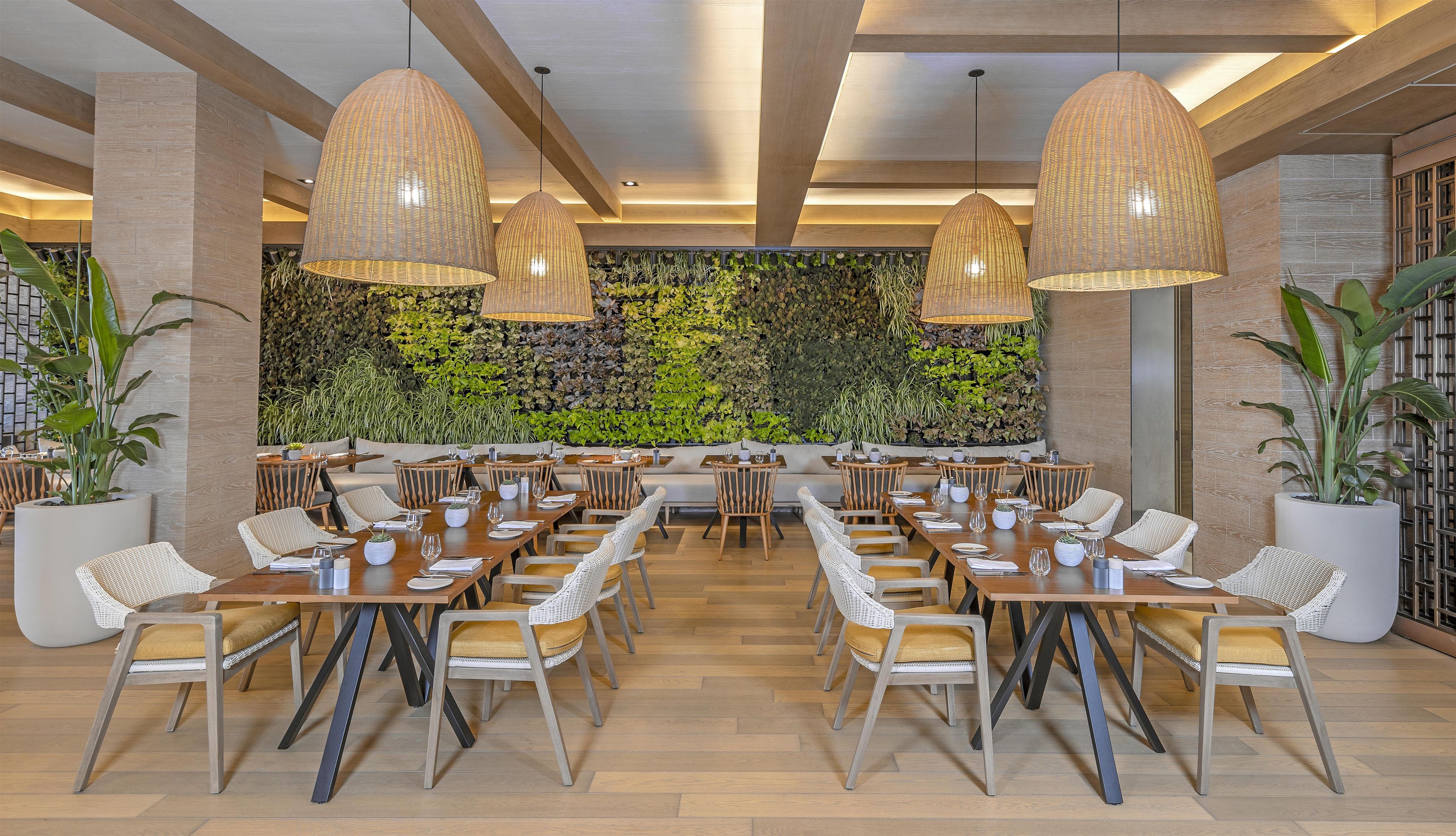 A spacious dining area with multiple tables and chairs, large hanging pendant lights, and a wall of greenery.