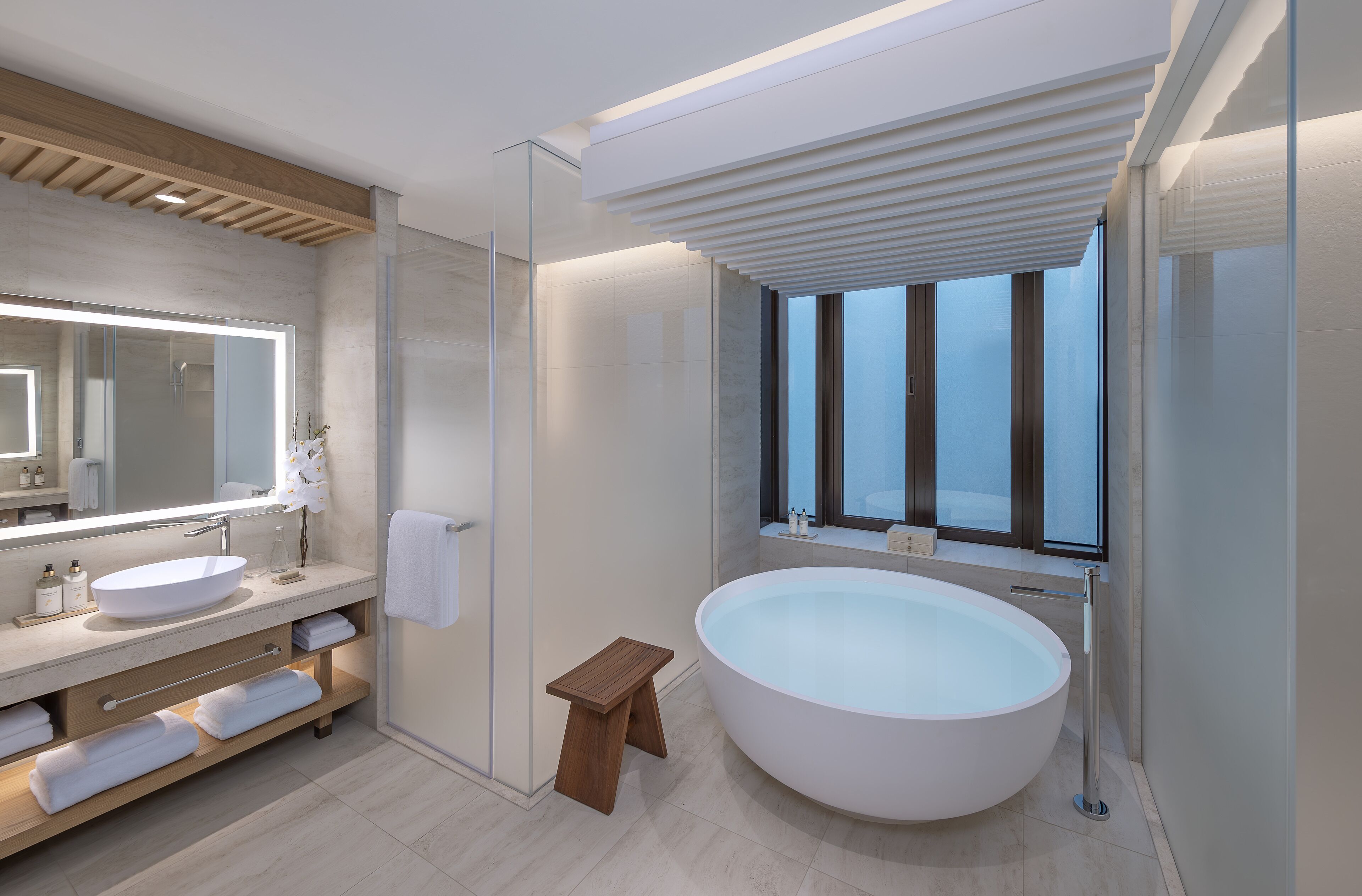 A modern bathroom with a large oval bathtub, a glass-enclosed shower, and a vanity with a mirror and sink.