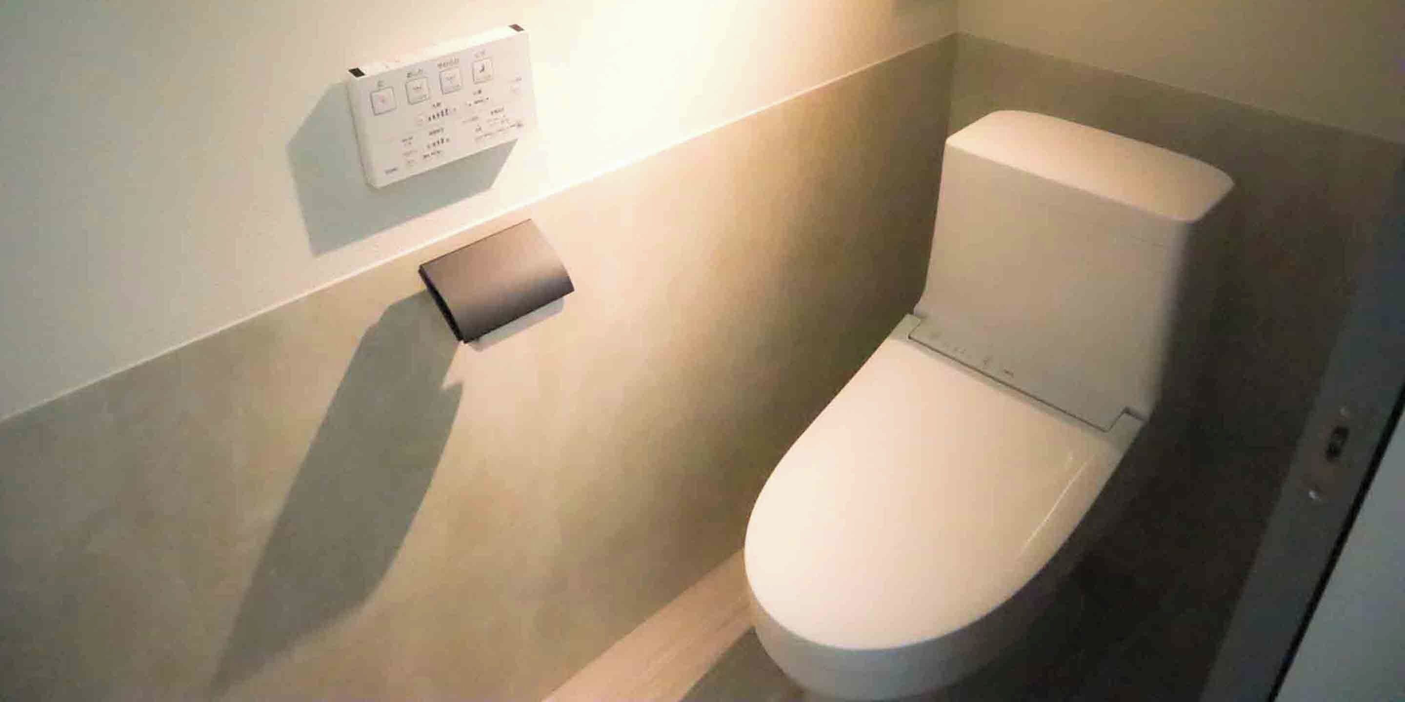 Et standard hvidt toilet med skyllegreb og knap til vægmontering.