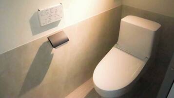 A standard white toilet with a flush handle and a wall-mounted flush button.