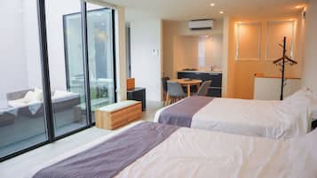 2 bedrooms, down comforters, blackout drapes, bed sheets