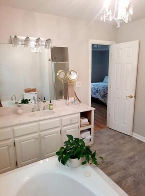 Bathroom features a large mirror, bathtub, and vanity with multiple drawers.