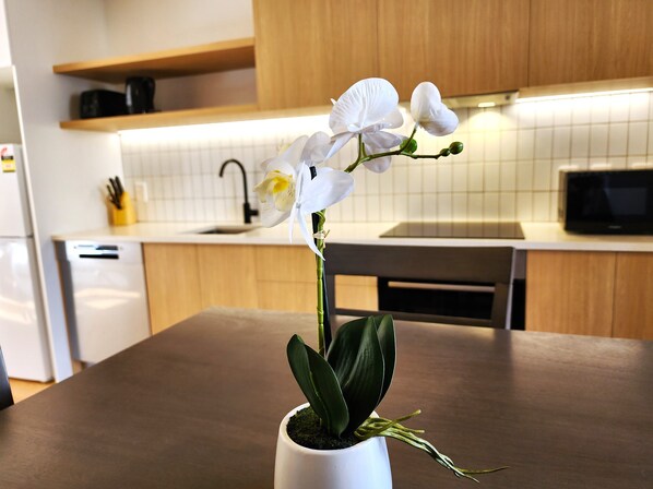 A white orchid in a white pot on a kitchen table. - U Suites on Trieste Way (Paraparaumu)