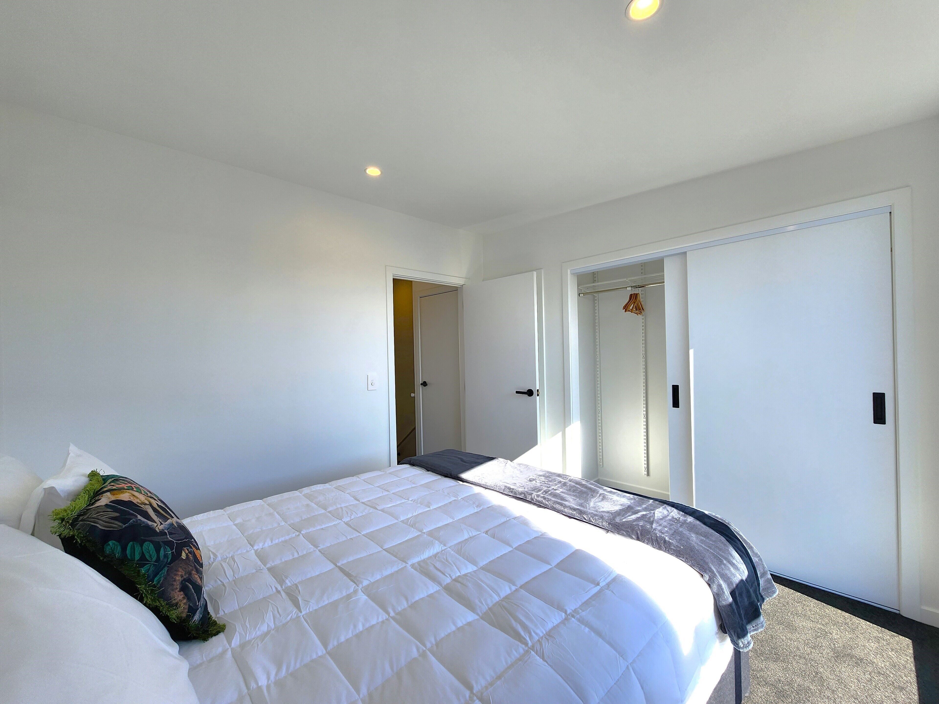 A bedroom with a large bed, a door leading to a hallway, and a closet.