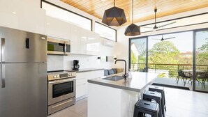 A modern kitchen with stainless steel appliances, a central island, and a view of the outdoors. - Villa Zafiro: Luxurious private villa & pool - steps from gorgeous beaches! (Playa Langosta)