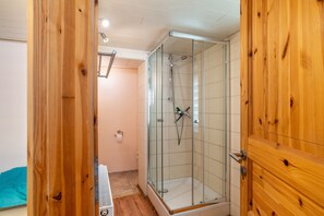 Chuveiro, secador de cabelo, toalhas de banho 