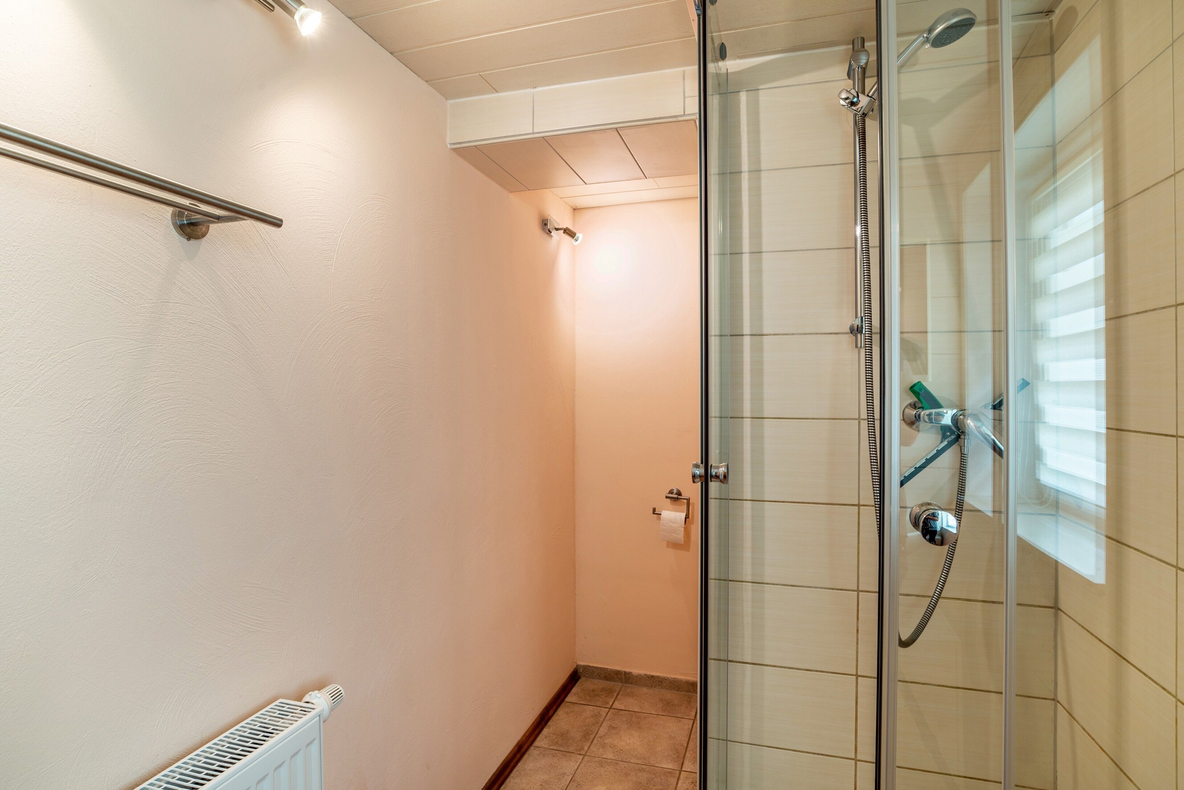 Eine begehbare Dusche mit Glastrennwand, einer Handbrause, einem Handtuchhalter und einem Toilettenpapierhalter an der Wand.