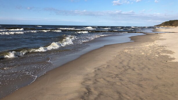 Une plage où les vagues viennent se briser sur le rivage, un ciel dégagé et une jetée en bois qui s’avance dans l’eau.