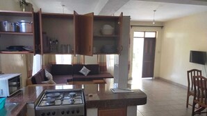 A kitchen with a gas stove, microwave, and open cabinets. There is a sofa and a television in the room. - Charming two bedroom villa with WiFi, AC in fantastic Diani (Diani)