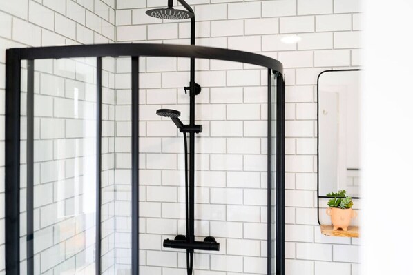 Shower, hair dryer, towels