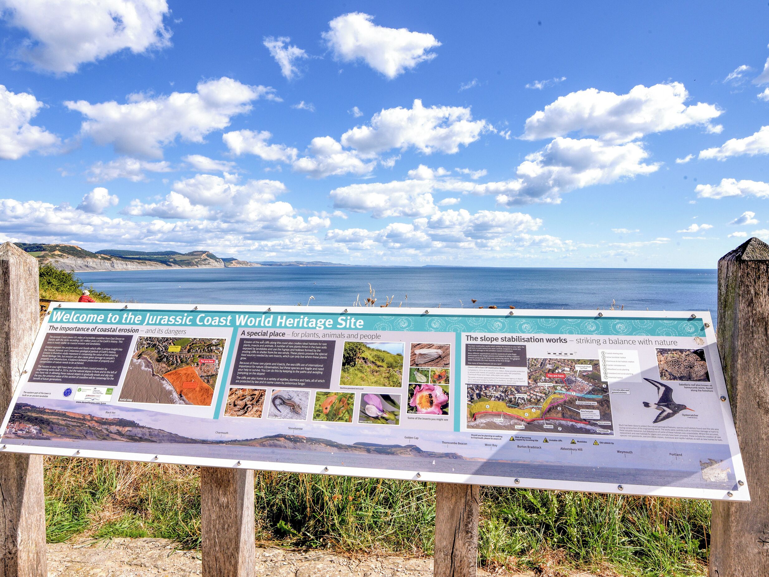 A coastal heritage site signboard with information on coastal erosion and its dangers, featuring a scenic view of the sea and cliffs.