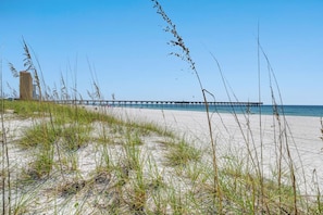 A beach with sand, grass, and a pier extending into the water.