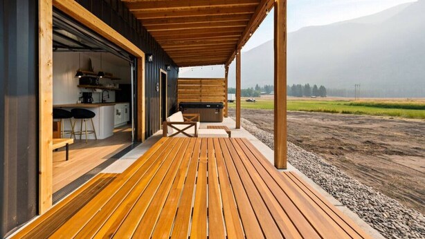 A wooden deck with a kitchen area and outdoor seating. - Romantic Container Near Glacier w/ Private Hot Tub (Columbia Falls)