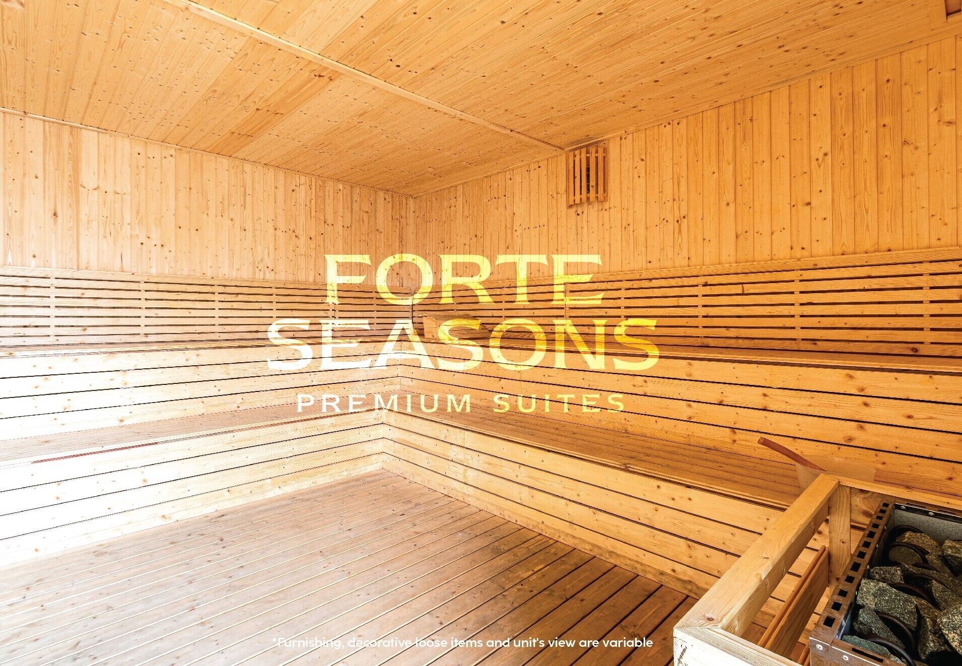 A wooden sauna room with slatted walls and a bench.