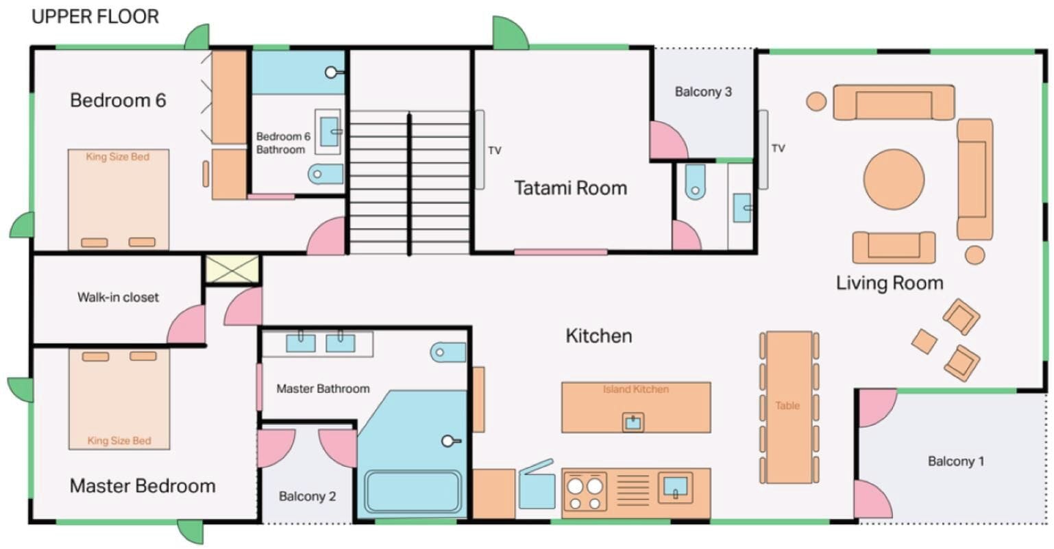 Un hôtel comprenant une chambre principale, un dressing, une salle de bain attenante à la chambre principale, une cuisine avec îlot central, une cuisine, un salon, une pièce de style japonais avec tatamis et deux balcons.