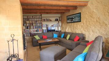 Televisio, takka, DVD-soitin, pöytätennispöytä