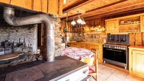 Una cucina rustica con un camino a legna, pareti in pietra e mobili in legno.