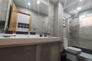Shower, hair dryer, towels
