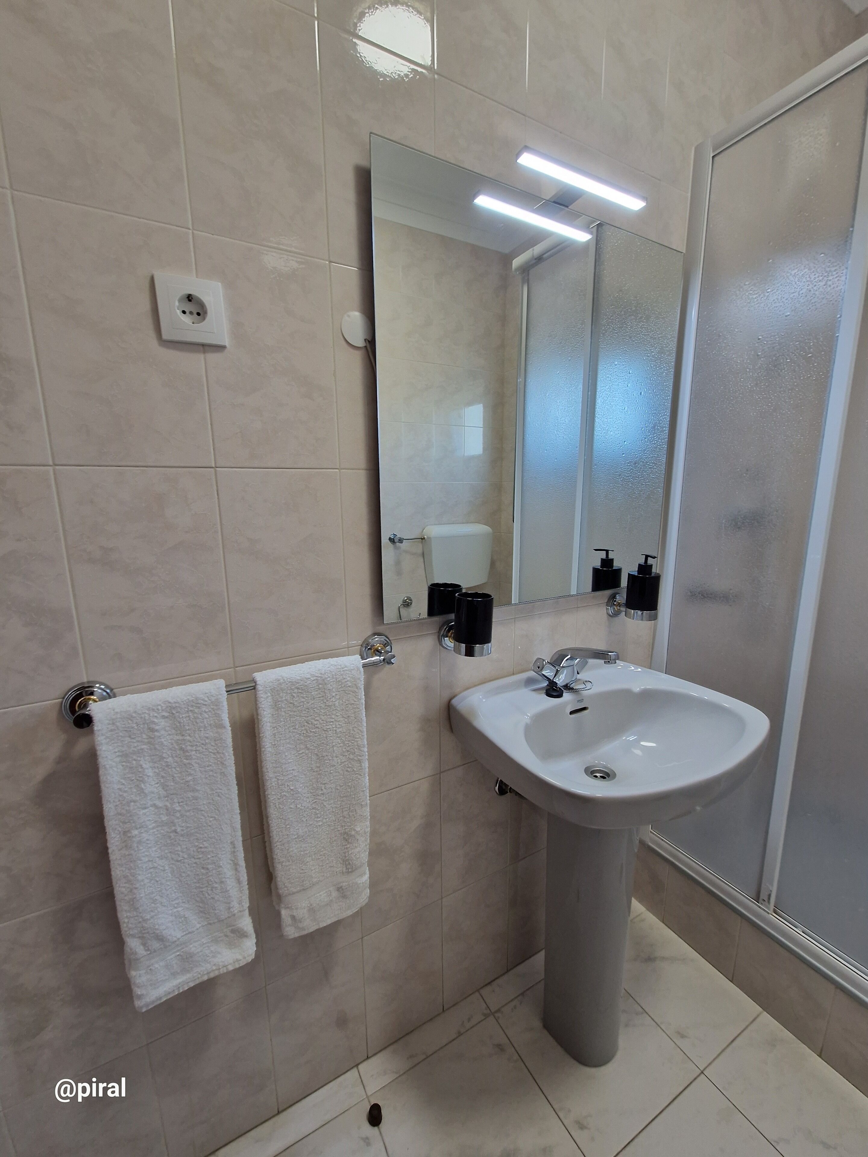 Shower, bidet, towels, soap