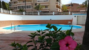 A swimming pool with a white wall and a metal ladder, surrounded by a brick patio. - New Studio. Terrace & pool by 10ToSea (Fuengirola)