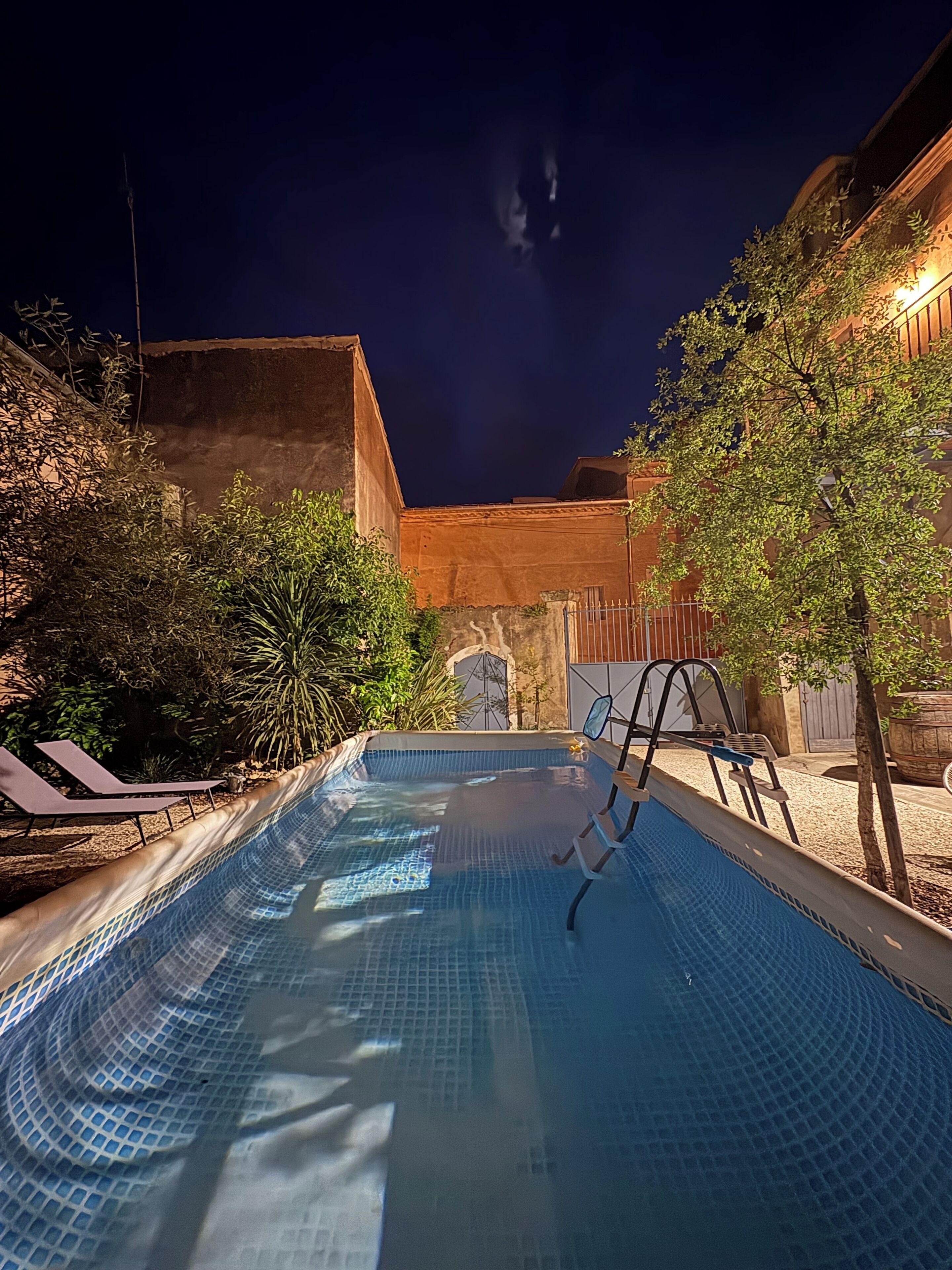 A swimming pool with a tiled deck, surrounded by plants and trees, with a building in the background.