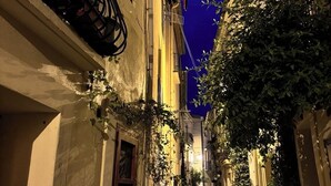 A narrow alleyway with buildings on either side, some with balconies and plants. - Historical wine-growing house with lovely garden (Montagnac)