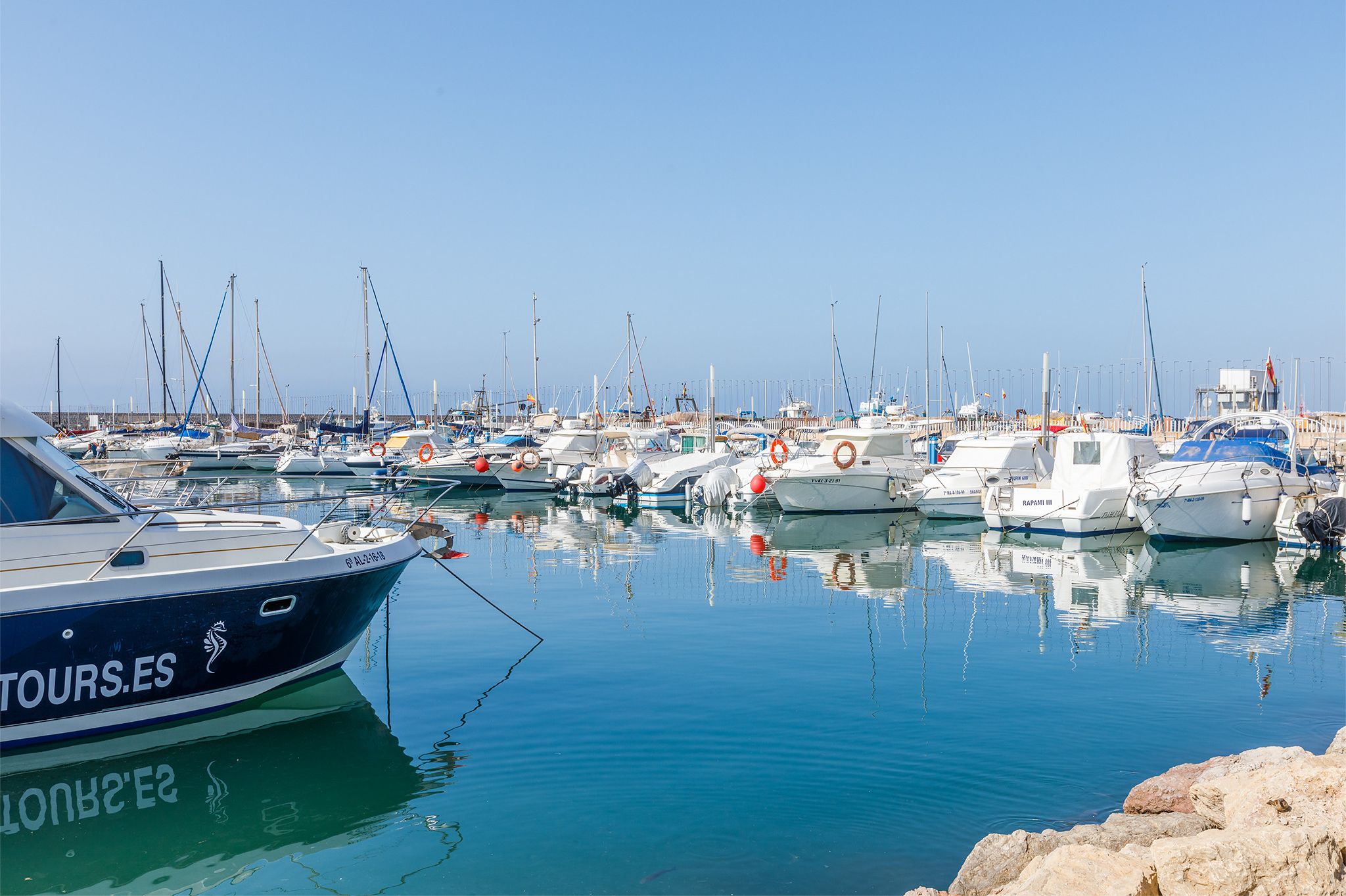 A marina with multiple boats docked.