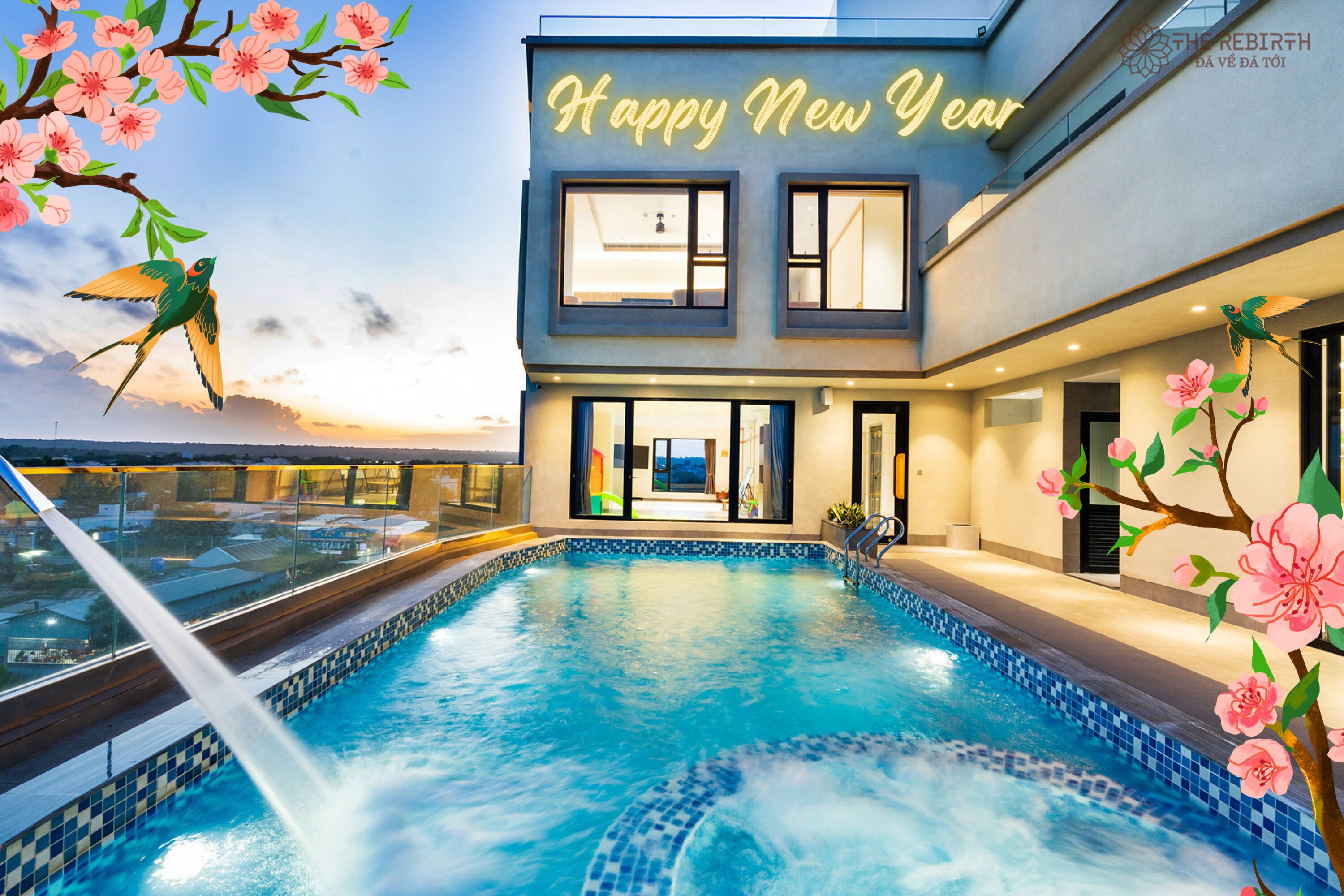 حمّام سباحة خارجي، مظلات على حمّام السباحة، مقاعد للتشمس