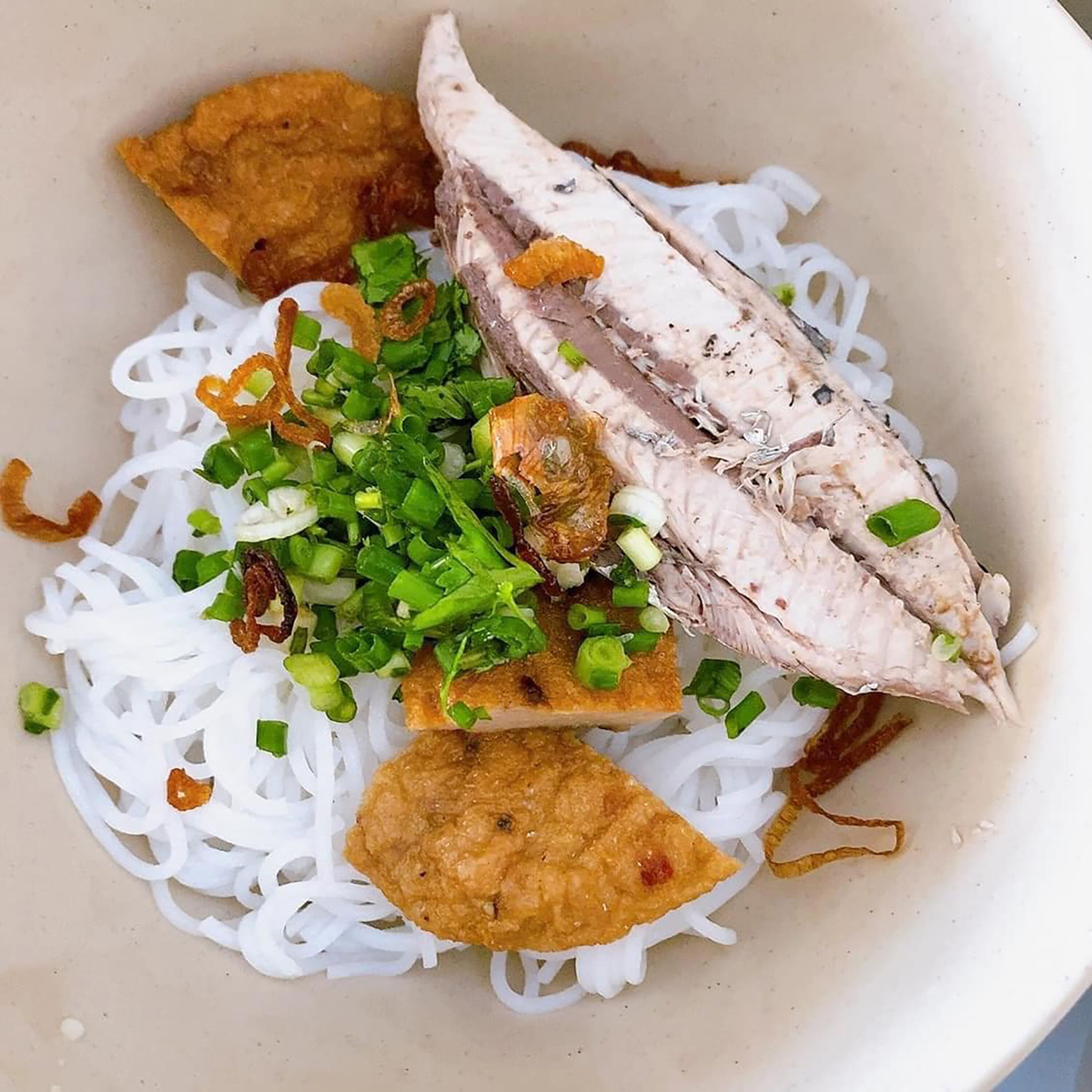 A bowl of noodle dish with fish, green onions, and fried items.