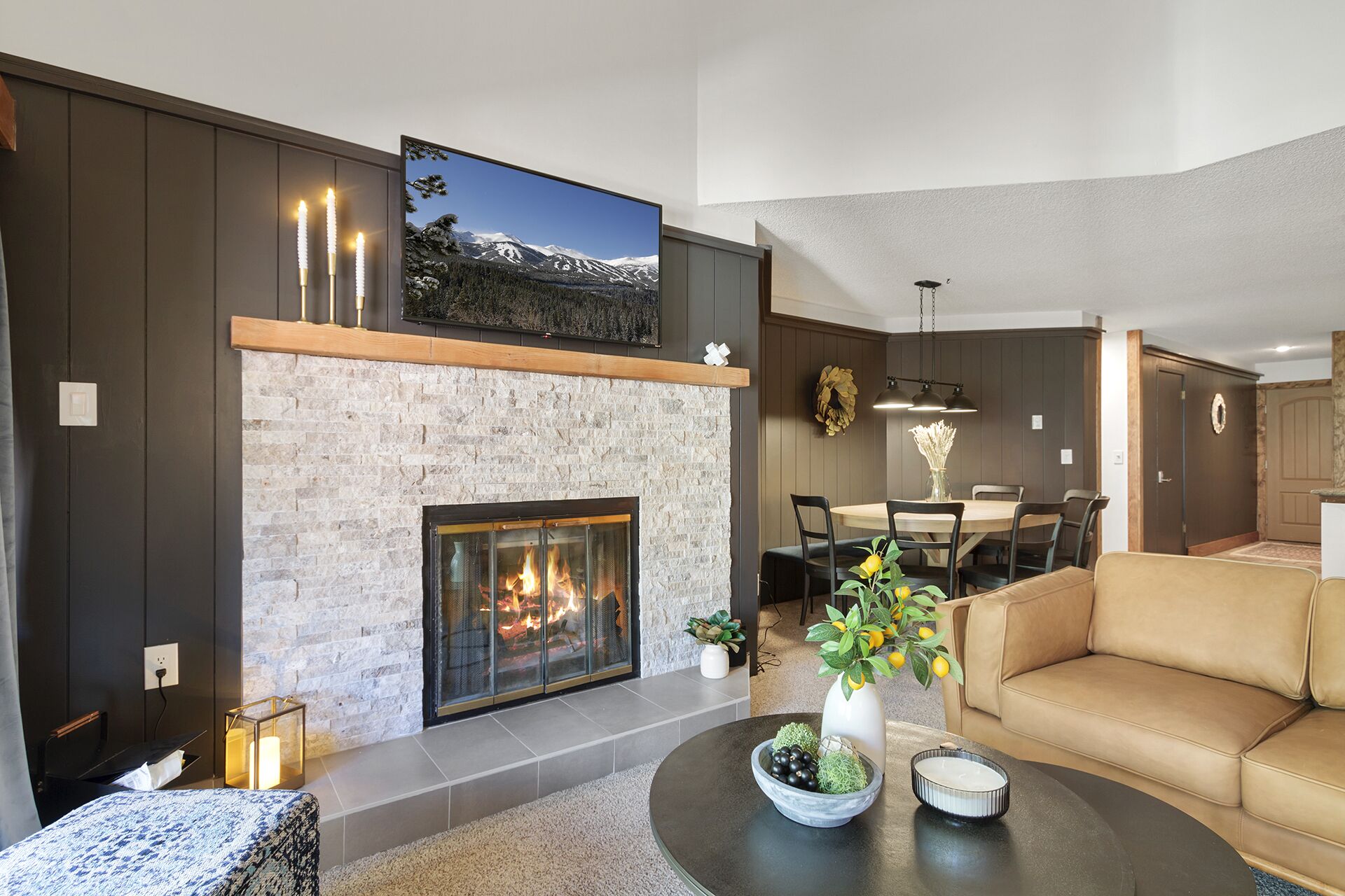 TV, fireplace, music library, stereo