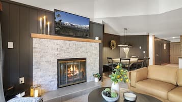 TV, fireplace, music library, stereo