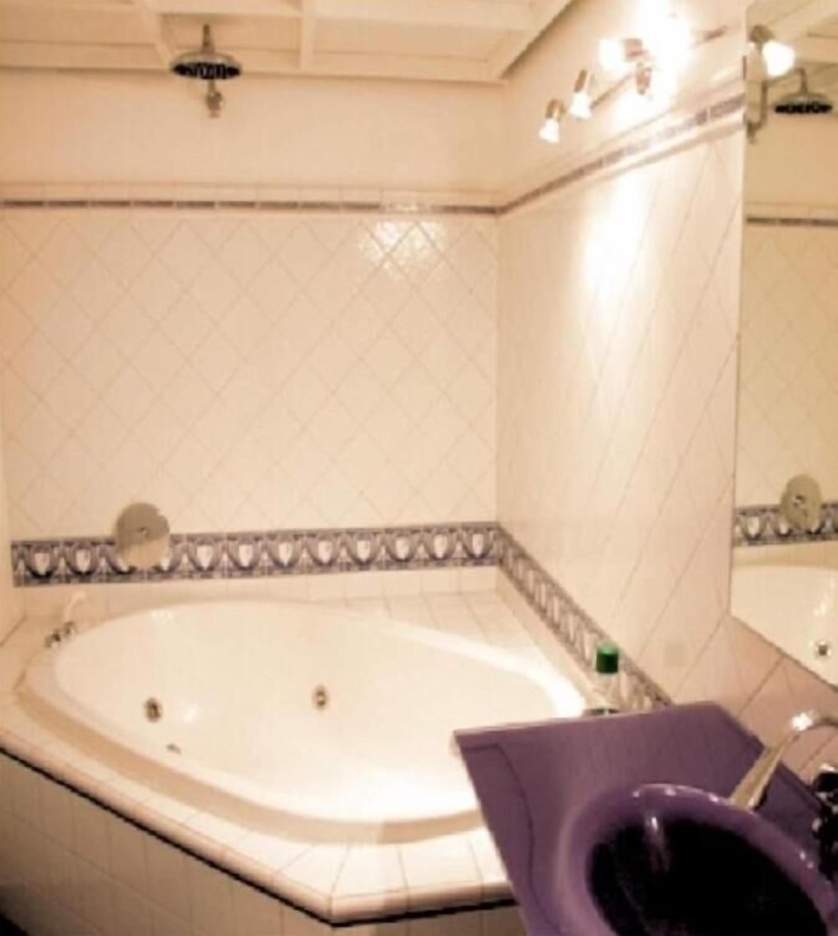 A bathroom with a large bathtub, a toilet, and a mirror.