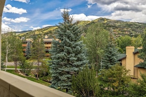 A residential area with multiple-story buildings, surrounded by trees and a hilly landscape in the background.