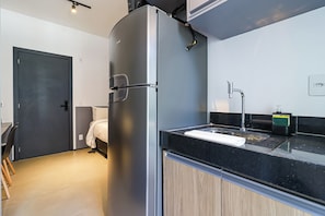 Fridge, microwave, stovetop, espresso maker