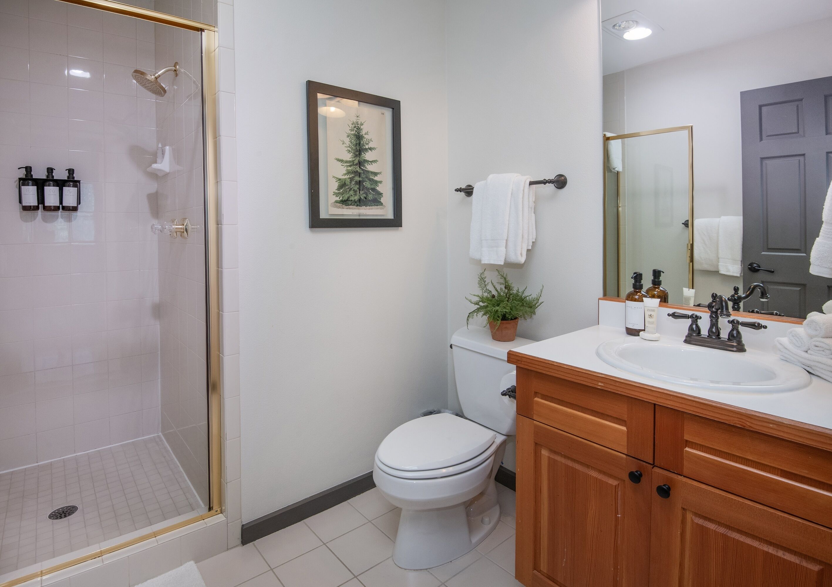 A modern bathroom with a glass-enclosed shower, a toilet, a sink with a wooden vanity, and a framed picture of a Christmas tree on the wall.