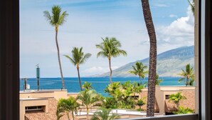 A balcony with a view of the ocean and palm trees.