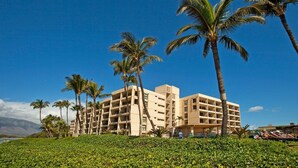 A multi-story hotel with a flat roof and a symmetrical facade, surrounded by palm trees and a clear blue sky.