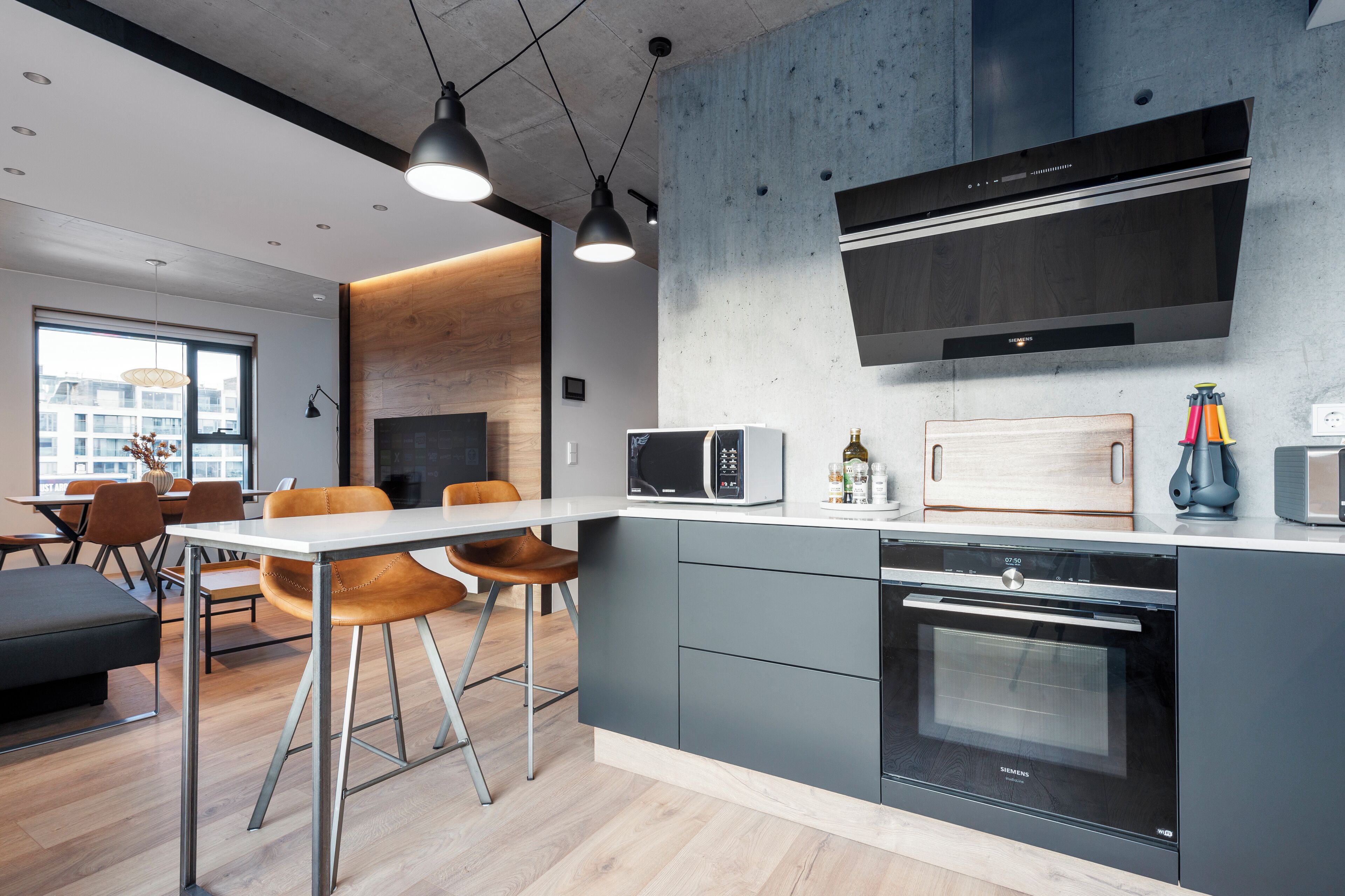 Luxury Apartment | Private kitchen | Full-sized fridge, microwave, oven, stovetop
