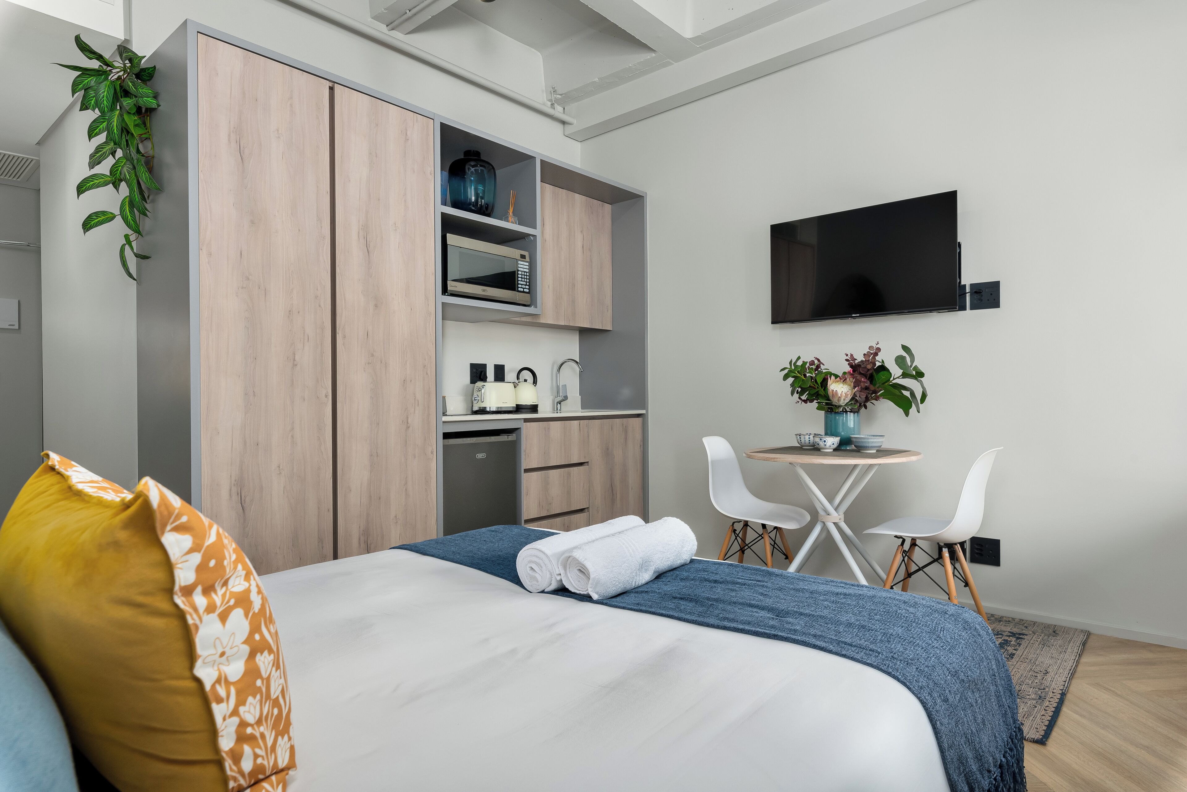 A modern hotel room with a bed, a desk, a TV, and a plant.