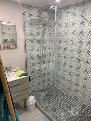 Dusche, Haartrockner, Handtücher, Toilettenpapier