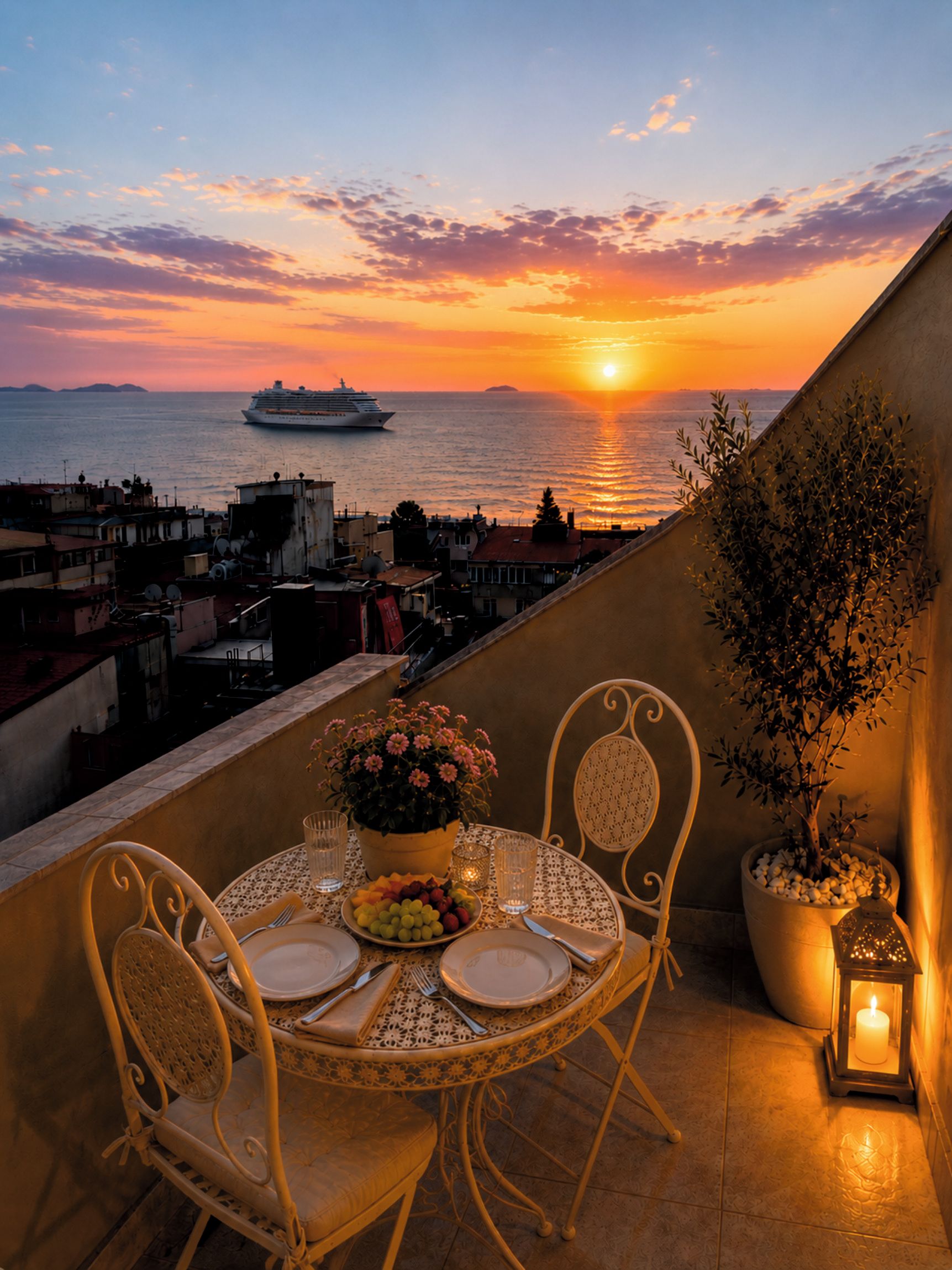 A table set for two with a view of the sunset over the sea, a ship in the distance, and a potted plant on the balcony.