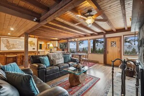 Smart TV, caminetto, lettore DVD, libri