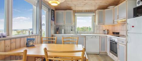 Fridge, microwave, dishwasher, cookware/dishes/utensils